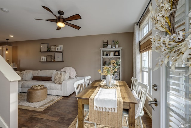 dining space featuring recessed lighting, ceiling fan, and dark wood-style flooring