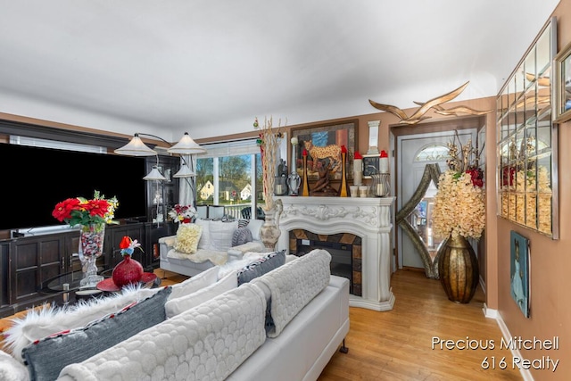 living area featuring a glass covered fireplace and wood finished floors
