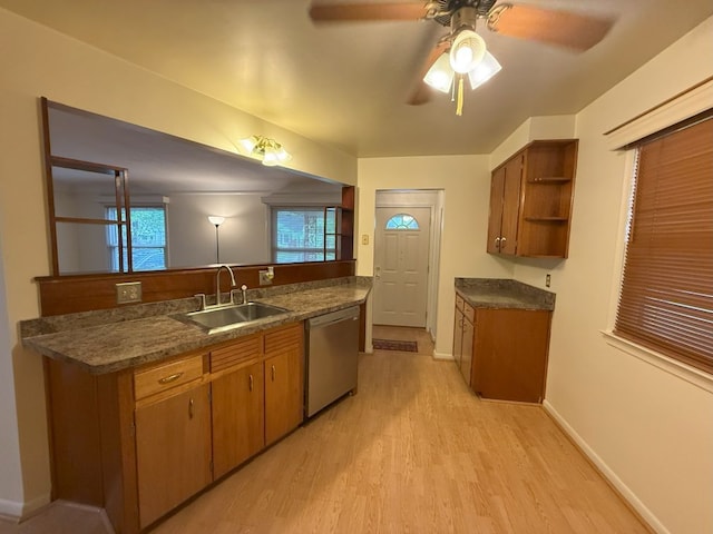 kitchen with brown cabinetry, open shelves, a sink, and dishwasher