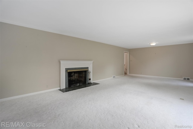 830 Jonathan Ln, Bloomfield Hills, MI 48302 - unfurnished living room with carpet, a fireplace with flush hearth, and crown molding