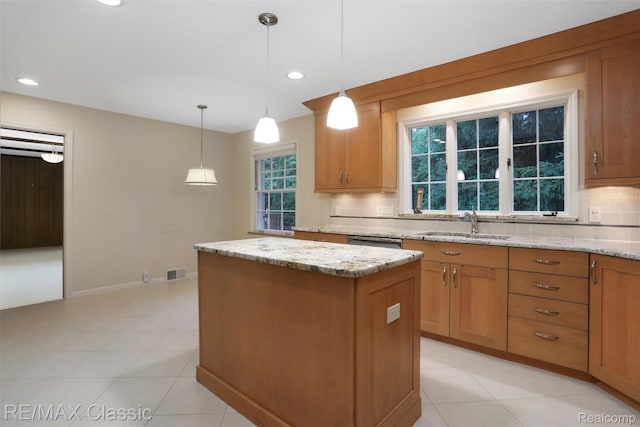 830 Jonathan Ln, Bloomfield Hills, MI 48302 - kitchen featuring a center island, tasteful backsplash, light stone countertops, light tile patterned flooring, and recessed lighting