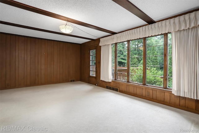 830 Jonathan Ln, Bloomfield Hills, MI 48302 - unfurnished room featuring beam ceiling, wood walls, a textured ceiling, and carpet