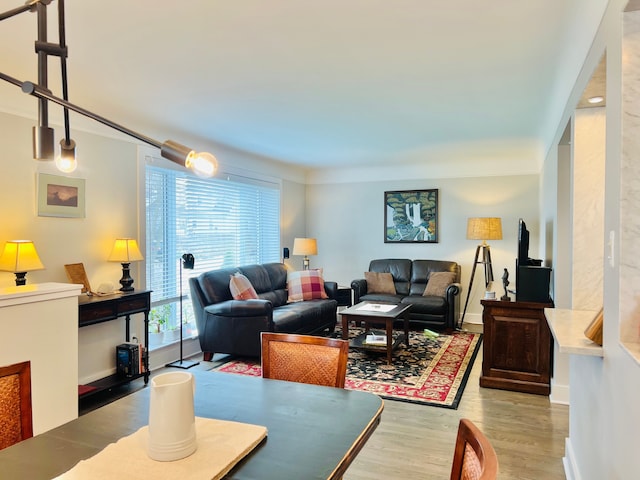 living room featuring baseboards, ornamental molding, and wood finished floors