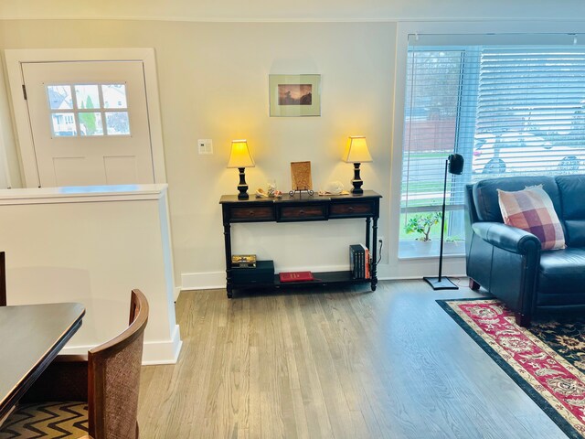 living room featuring a healthy amount of sunlight, baseboards, and wood finished floors