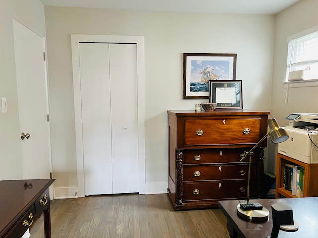 bedroom with wood finished floors and a closet