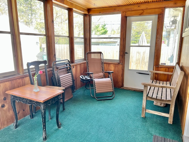 sunroom / solarium featuring carpet flooring and wooden walls