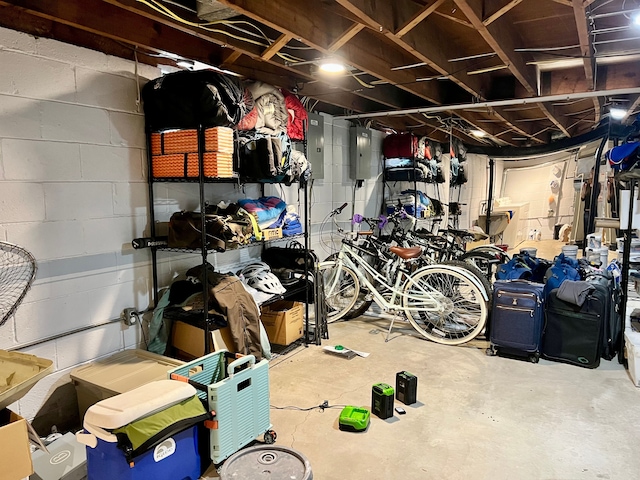 unfinished basement with electric panel and concrete block wall