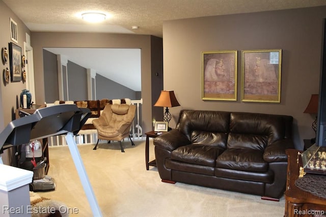 carpeted living room with visible vents and a textured ceiling