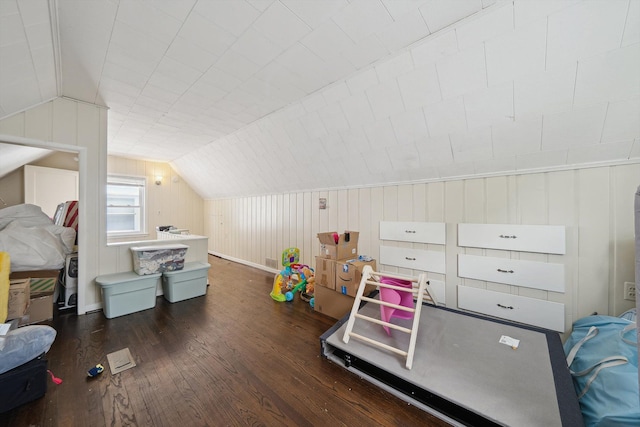 game room featuring wood walls, wood finished floors, and lofted ceiling