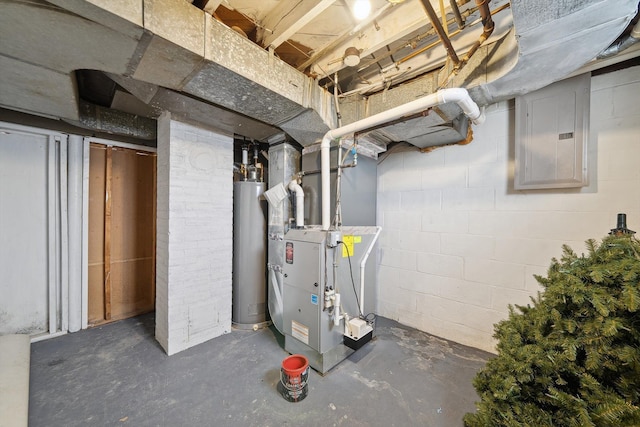 unfinished basement with heating unit, gas water heater, electric panel, and concrete block wall