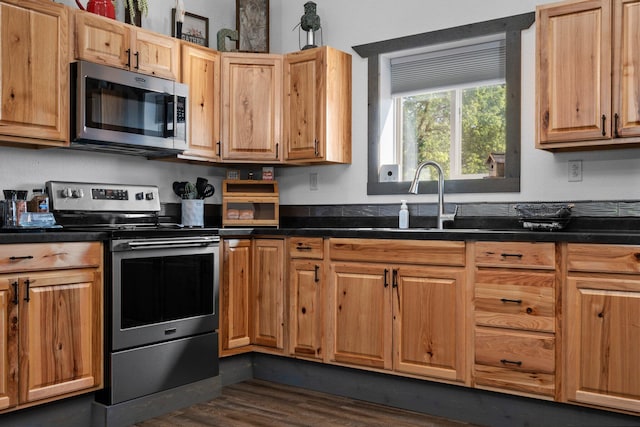 kitchen with dark wood-type flooring, a sink, appliances with stainless steel finishes, and dark countertops