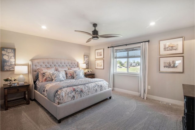 bedroom with ceiling fan, carpet, recessed lighting, baseboards, and visible vents
