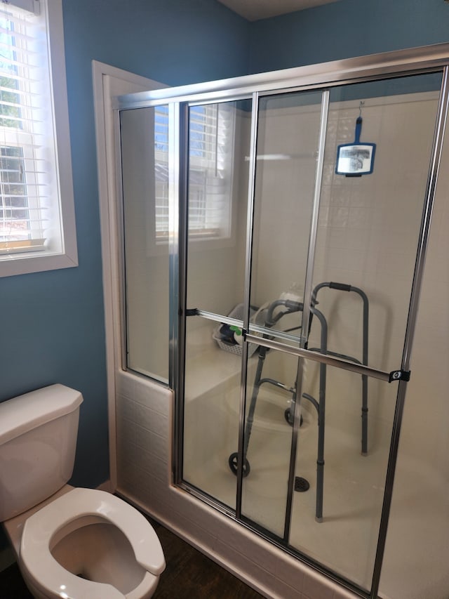 full bathroom featuring toilet and a shower with door
