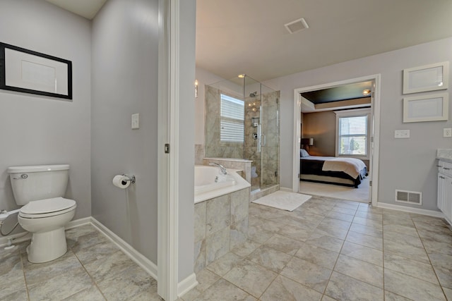 ensuite bathroom featuring a bath, visible vents, a shower stall, baseboards, and toilet