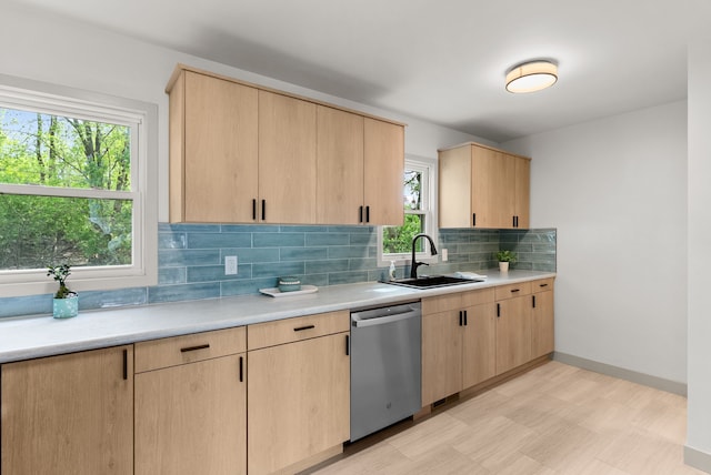 5857 Berkley Dr, Waterford, MI 48327 - kitchen featuring stainless steel dishwasher, a sink, light brown cabinets, and light countertops
