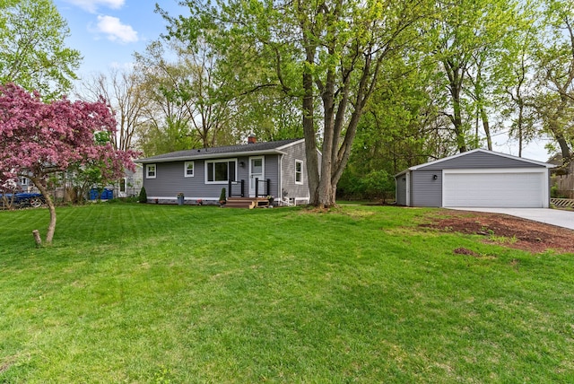 5857 Berkley Dr, Waterford, MI 48327 - ranch-style house featuring an outdoor structure, a garage, a chimney, and a front yard