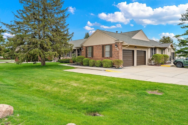 ranch-style home featuring a shingled roof, an attached garage, a front lawn, brick siding, and driveway
