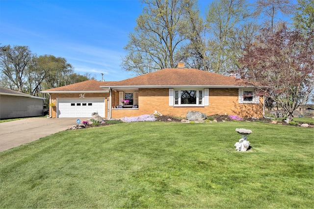 ranch-style home with driveway, a chimney, a garage, brick siding, and a front lawn