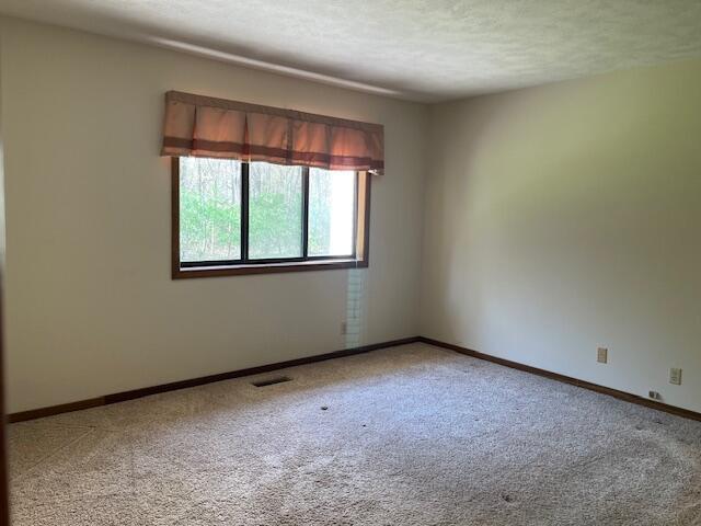 carpeted empty room with visible vents, a textured ceiling, and baseboards