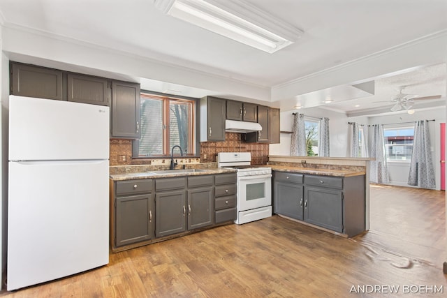 kitchen with decorative backsplash, a sink, a peninsula, under cabinet range hood, and white appliances