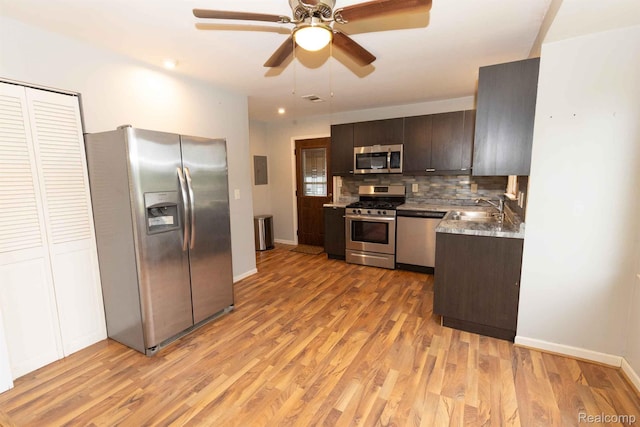 968 N Wilder Rd, Lapeer, MI 48446 - kitchen with stainless steel appliances, a sink, light wood-type flooring, backsplash, and ceiling fan