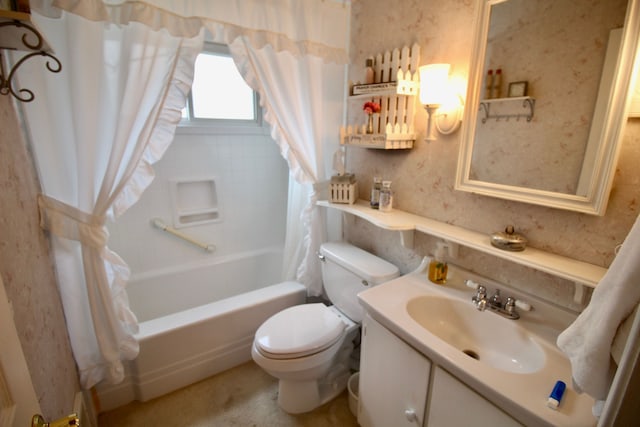 bathroom with vanity, wallpapered walls, toilet, and shower / bath combination with curtain