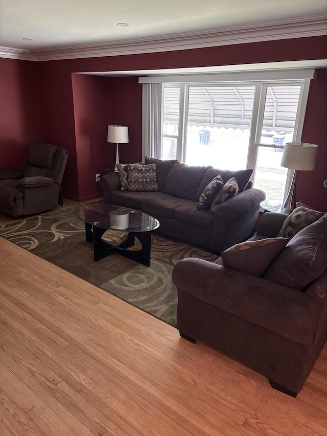 living room with crown molding and wood finished floors