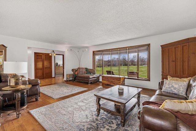 living area with a textured ceiling and light wood-style flooring