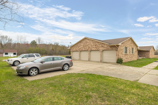 view of property exterior featuring roof with shingles, a lawn, a garage, brick siding, and concrete driveway