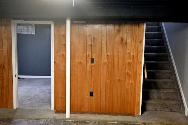 17518 Koester St, Riverview, MI 48193 - finished basement featuring stairs, baseboards, carpet floors, and wooden walls