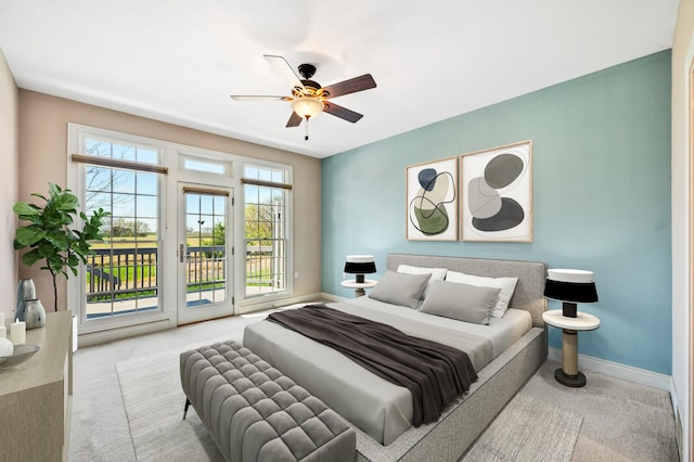 bedroom with baseboards, ceiling fan, carpet, and access to exterior