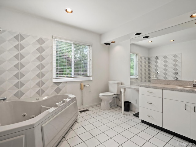 5620 Eastman Blvd, West Bloomfield, MI 48323 - bathroom featuring a jetted tub, vanity, toilet, tile patterned floors, and recessed lighting