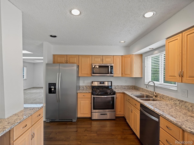 5620 Eastman Blvd, West Bloomfield, MI 48323 - kitchen with stainless steel appliances, a sink, a textured ceiling, light stone counters, and dark wood-type flooring