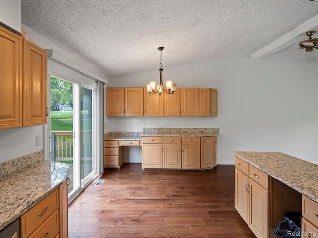 5620 Eastman Blvd, West Bloomfield, MI 48323 - kitchen featuring vaulted ceiling, a textured ceiling, dark wood-type flooring, a chandelier, and pendant lighting