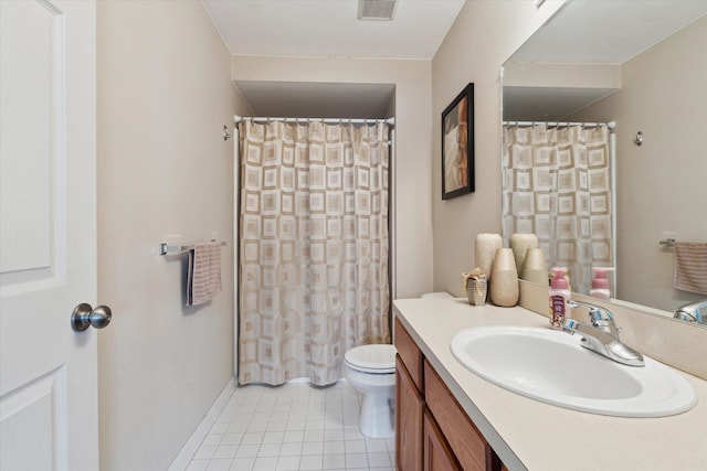 bathroom with visible vents, vanity, curtained shower, toilet, and tile patterned floors