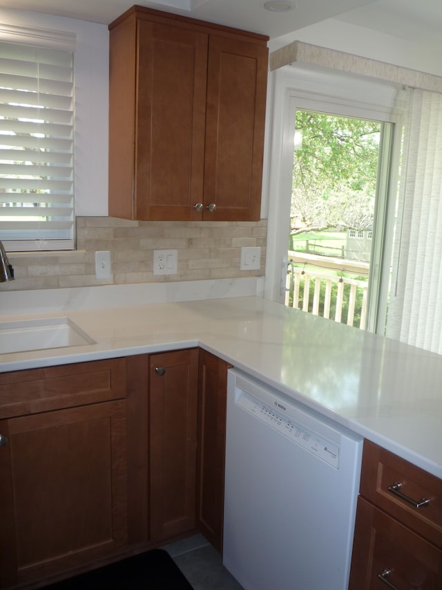 kitchen with light countertops, a healthy amount of sunlight, a sink, and dishwasher