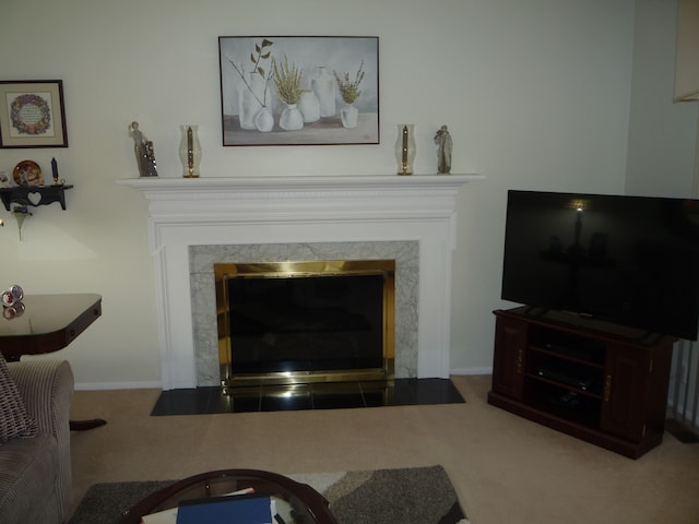 living room featuring baseboards, carpet flooring, and a premium fireplace