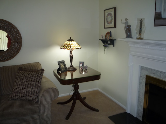 details with carpet floors, a premium fireplace, and baseboards