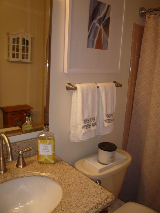 full bathroom featuring toilet, curtained shower, and vanity