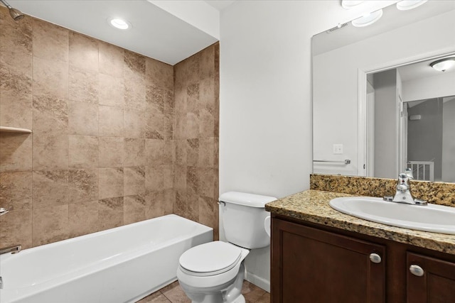 bathroom with toilet, visible vents, shower / tub combination, and vanity