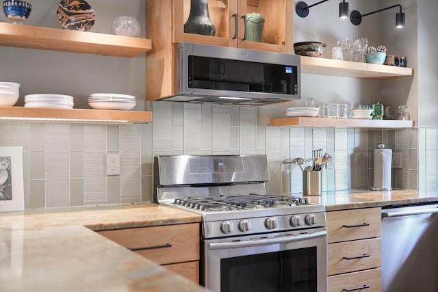 kitchen featuring open shelves, backsplash, light brown cabinets, and stainless steel appliances