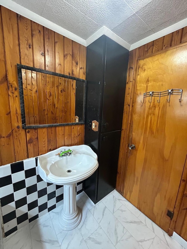 757 E Sidney Rd, Stanton, MI 48888 - bathroom with wood walls and marble finish floor