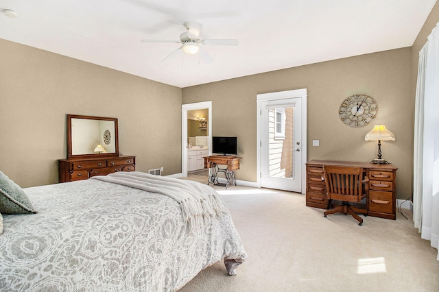 8 Georgia Ct, Pentwater, MI 49449 - bedroom with carpet flooring, access to outside, ceiling fan, connected bathroom, and baseboards