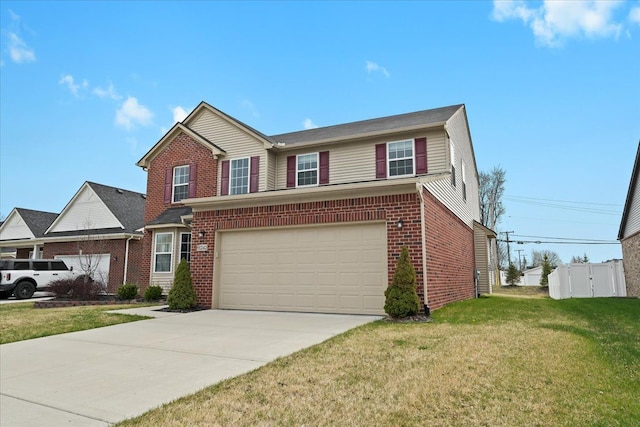 traditional home featuring brick siding, a garage, a front lawn, and concrete driveway