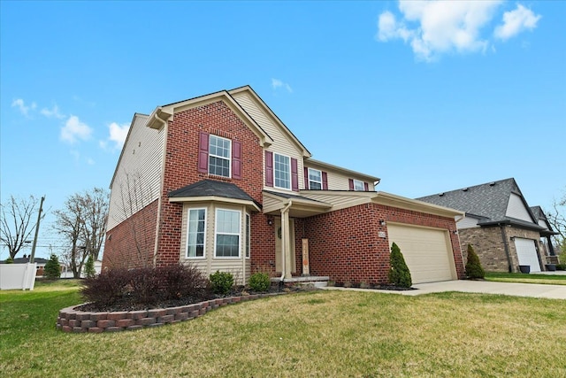 traditional-style house featuring a garage, concrete driveway, a front yard, and brick siding