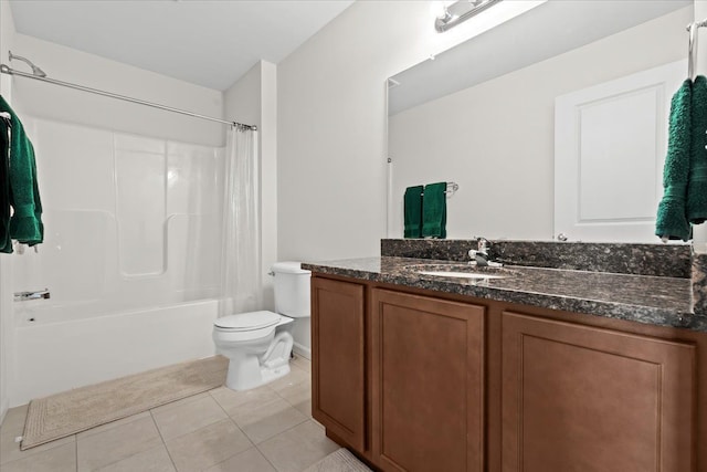 full bath with tile patterned flooring, shower / tub combo, toilet, and vanity