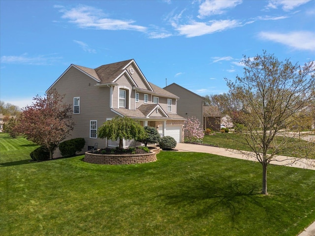 view of front of property featuring a garage, a front lawn, and driveway