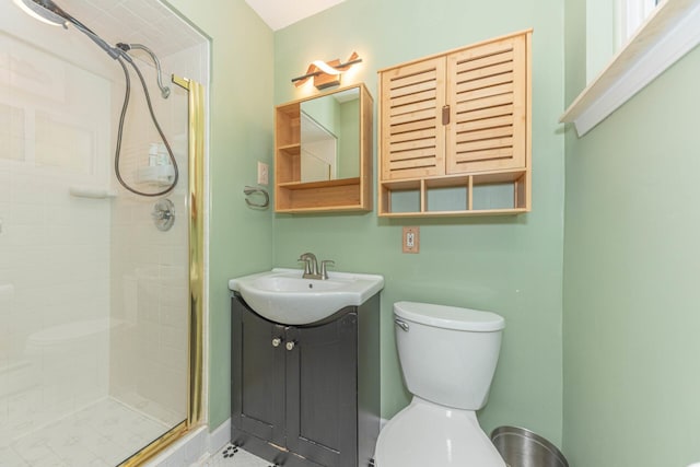 bathroom with vanity, a stall shower, and toilet