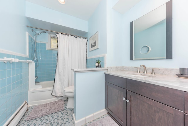 bathroom with shower / bath combination with curtain, tile walls, vanity, a baseboard radiator, and toilet