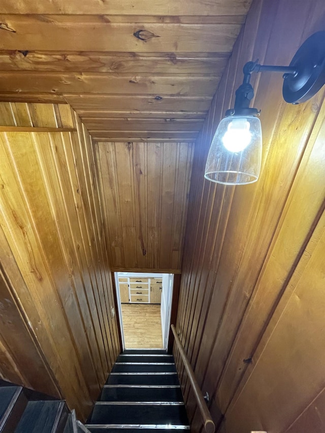 stairs featuring wooden walls and wooden ceiling